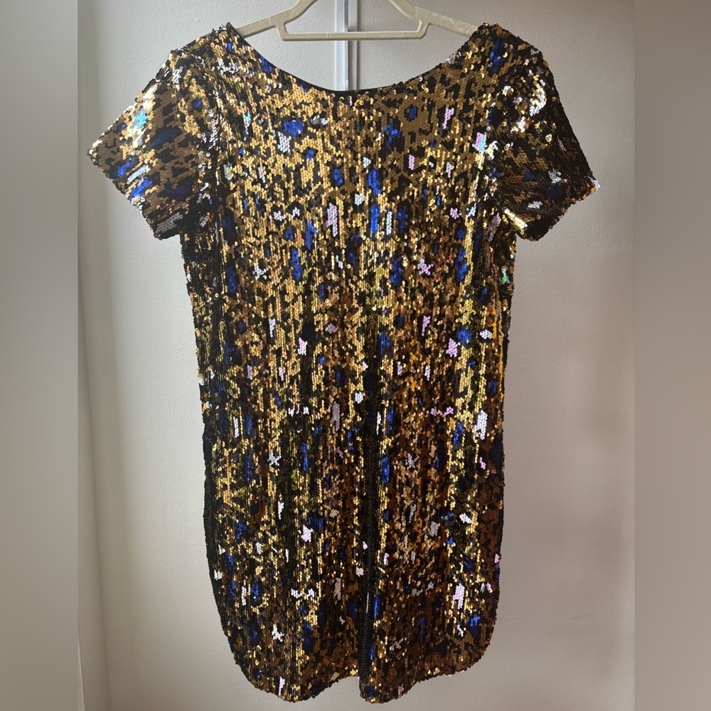 Sequin Leopard Print Open-Back, Relaxed Fit Mini Dress